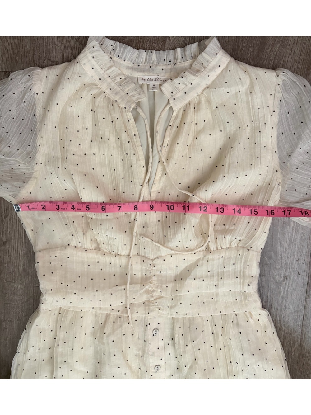 Cream Polka Dot Puff Sleeve Smocked Midi Dress Medium Boho Prairie Cottagecore - Picture 7 of 9